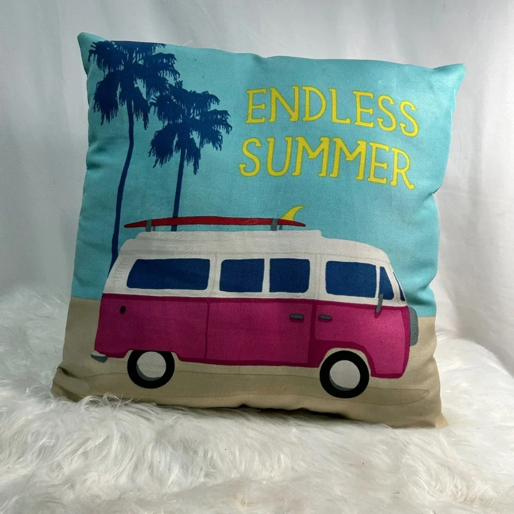 Square Throw Pillow Endless Summer Beach Van Palm‎ Trees Blue Accent 2 pillows